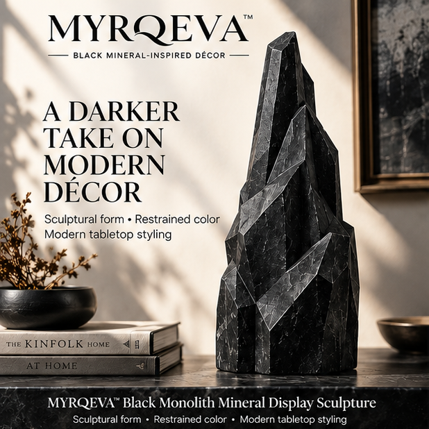 MYRQEVA™ Black Monolith Mineral Display Sculpture – Large Black Crystal-Inspired Resin Sculpture, Modern Tabletop & Console Décor, Faux Mineral Specimen