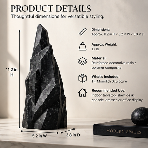 MYRQEVA™ Black Monolith Mineral Display Sculpture – Large Black Crystal-Inspired Resin Sculpture, Modern Tabletop & Console Décor, Faux Mineral Specimen