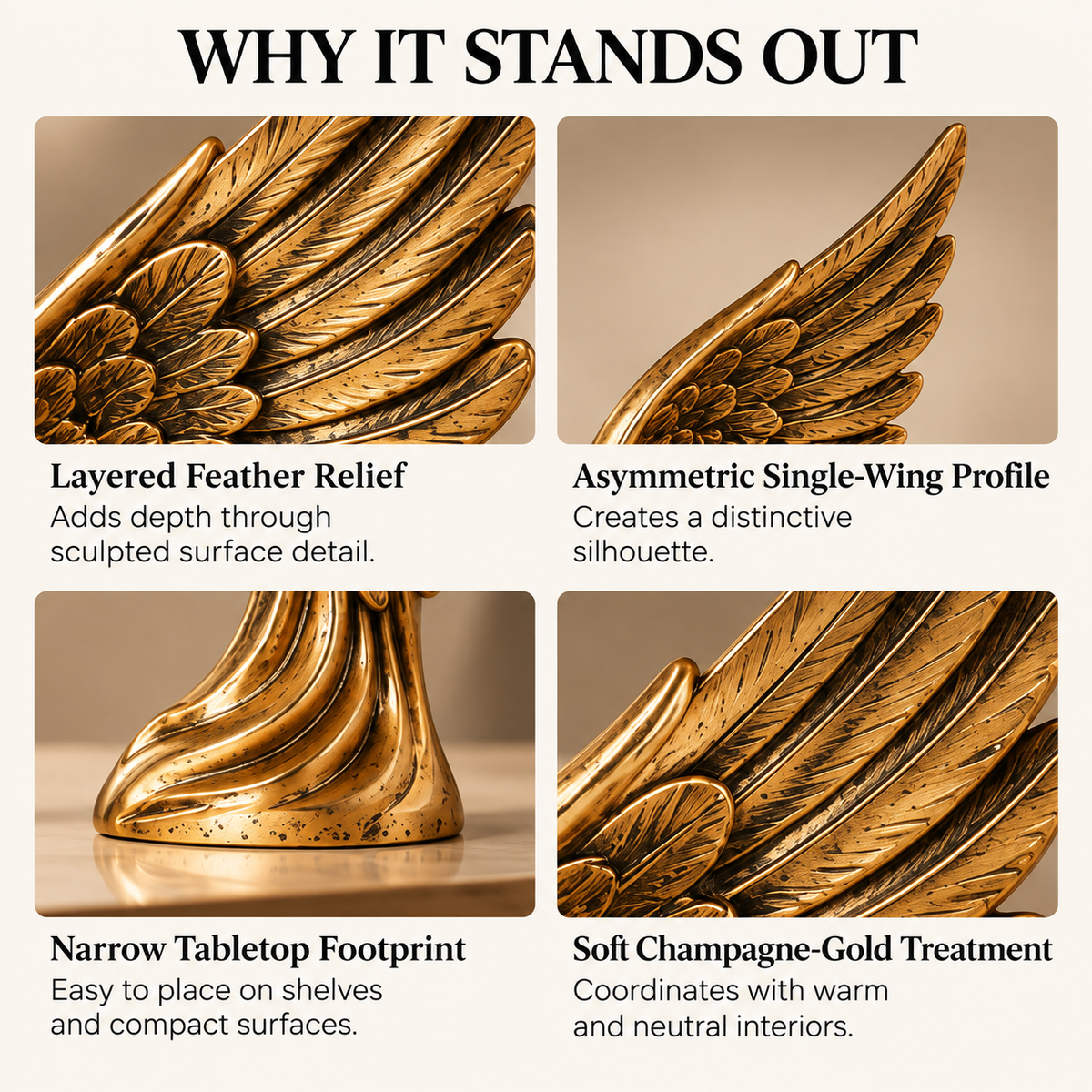 MYRQEVA™ Golden Wings Sculpture - Gilded Feathers and Wings Desktop Decor, Modern Gold Storage Rack Accent