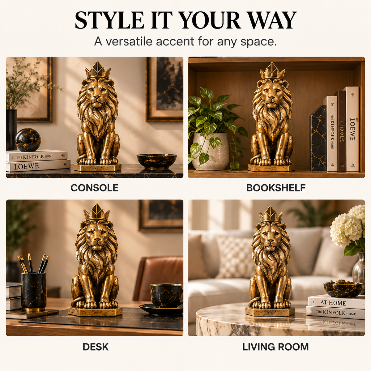 MYRQEVA™ Crowned Sentinel Lion Sculpture — Modern Gilded Lion Figurine & Office Shelf Accent