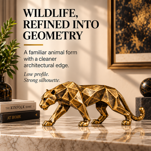 MYRQEVA™ Atlas Gilded Panther Sculpture — Faceted Gold Panther Figurine, Modern Animal Table Décor