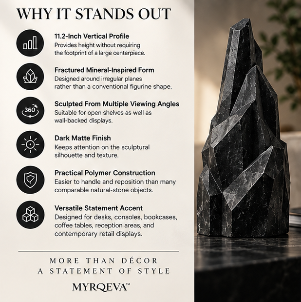 MYRQEVA™ Black Monolith Mineral Display Sculpture – Large Black Crystal-Inspired Resin Sculpture, Modern Tabletop & Console Décor, Faux Mineral Specimen