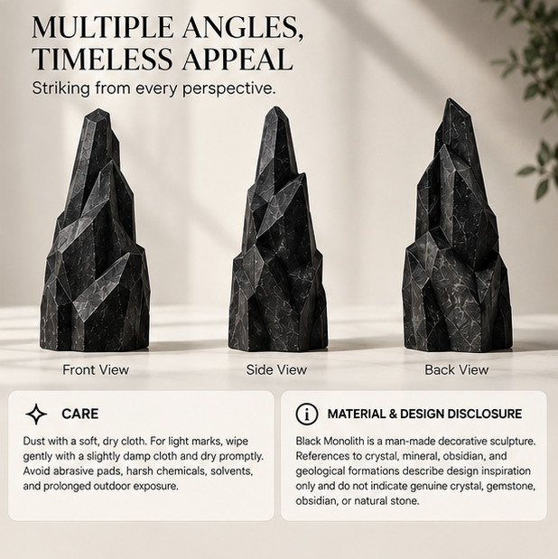 MYRQEVA™ Black Monolith Mineral Display Sculpture – Large Black Crystal-Inspired Resin Sculpture, Modern Tabletop & Console Décor, Faux Mineral Specimen