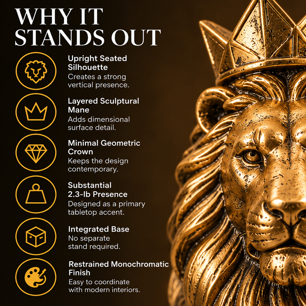 MYRQEVA™ Crowned Sentinel Lion Sculpture — Modern Gilded Lion Figurine & Office Shelf Accent
