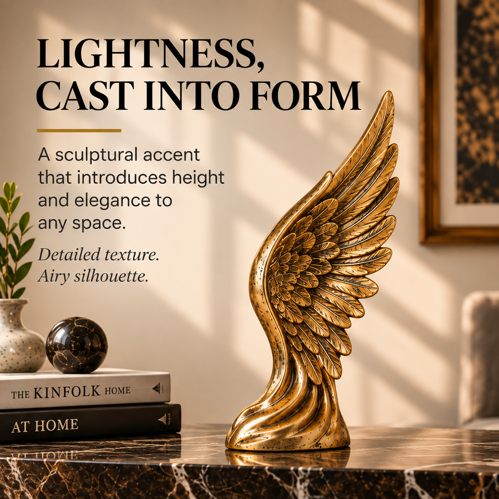 MYRQEVA™ Golden Wings Sculpture - Gilded Feathers and Wings Desktop Decor, Modern Gold Storage Rack Accent