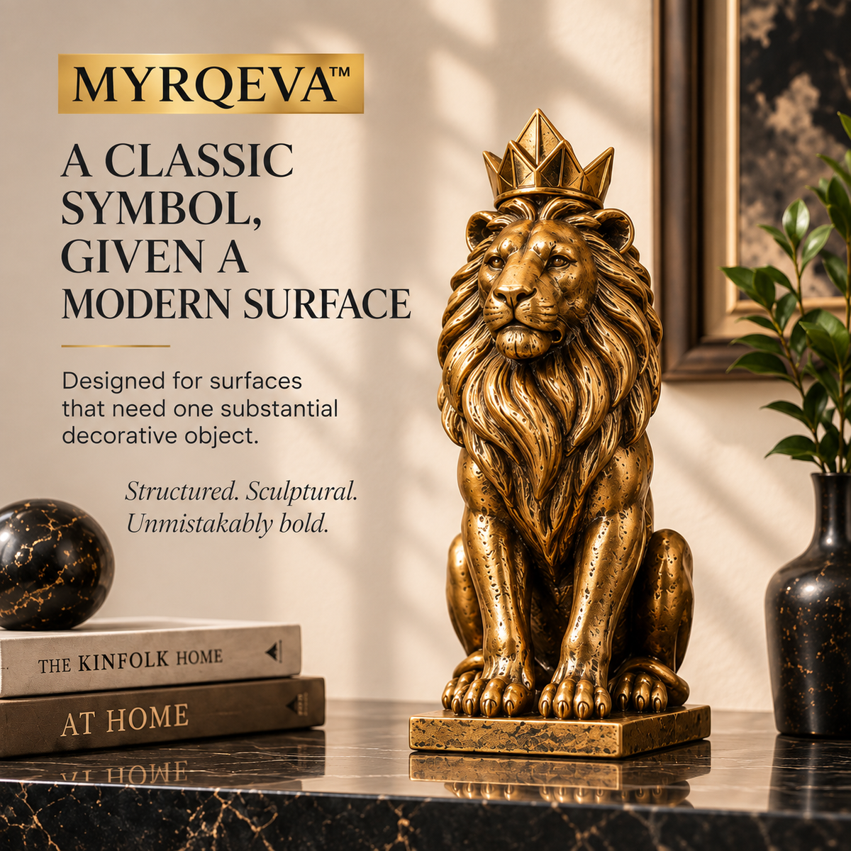 MYRQEVA™ Crowned Sentinel Lion Sculpture — Modern Gilded Lion Figurine & Office Shelf Accent