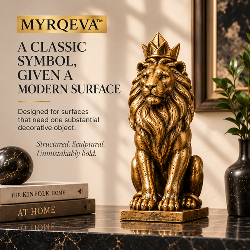 MYRQEVA™ Crowned Sentinel Lion Sculpture — Modern Gilded Lion Figurine & Office Shelf Accent