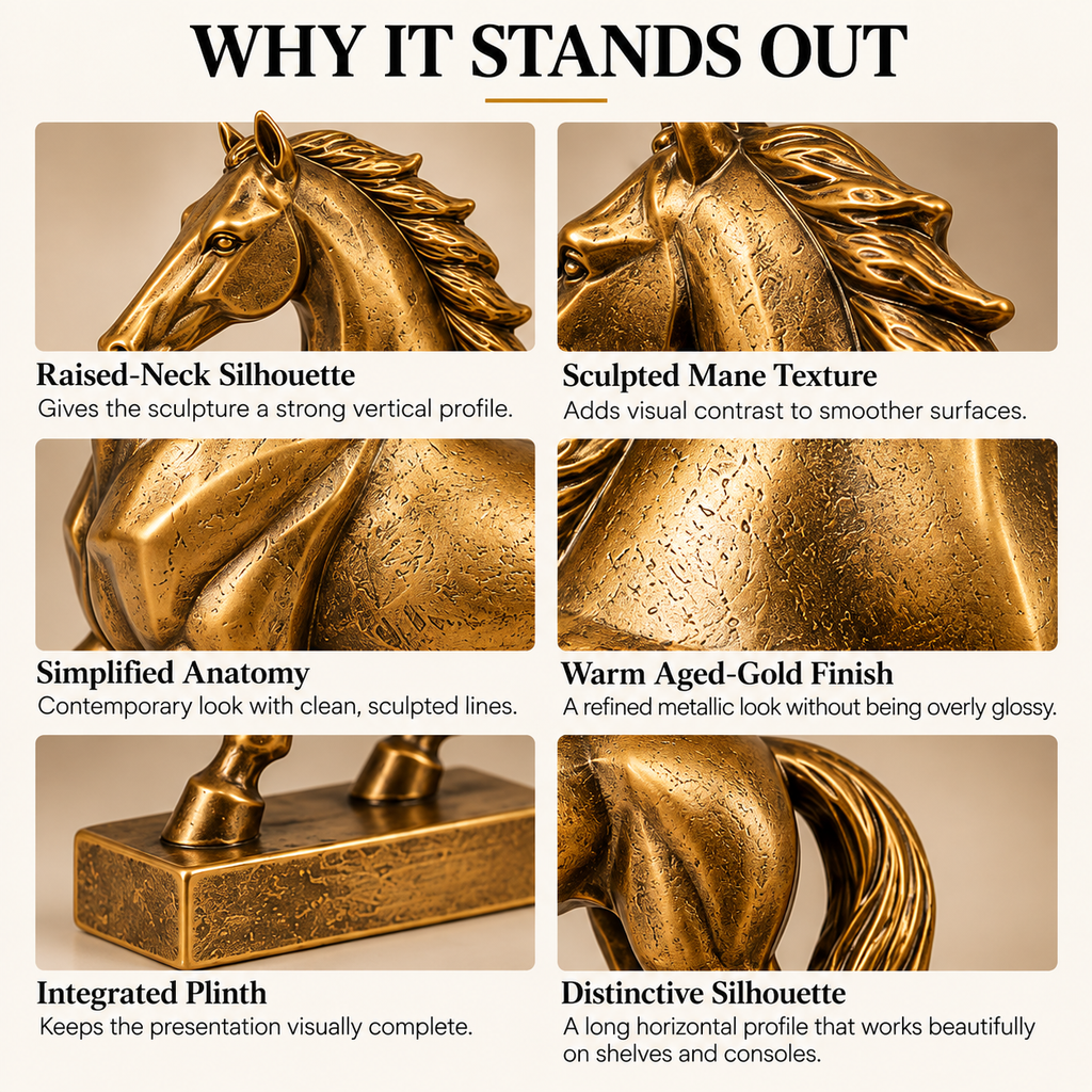 MYRQEVA™ Golden Crest Stallion Sculpture — Modern Gold Horse Figurine, Equestrian Desk & Shelf Décor