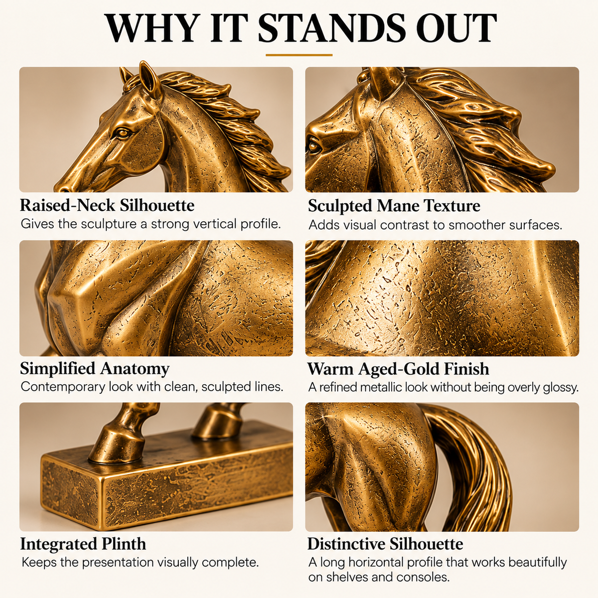 MYRQEVA™ Golden Crest Stallion Sculpture — Modern Gold Horse Figurine, Equestrian Desk & Shelf Décor