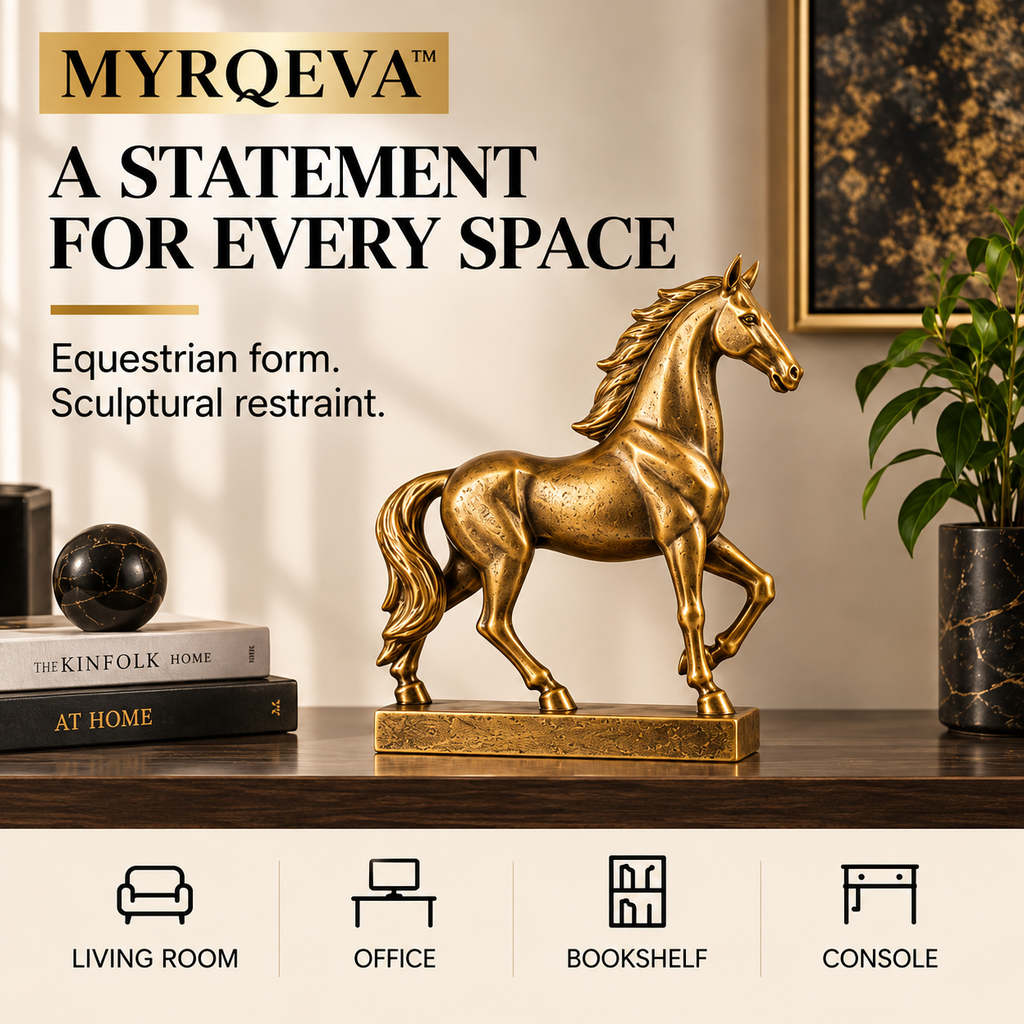 MYRQEVA™ Golden Crest Stallion Sculpture — Modern Gold Horse Figurine, Equestrian Desk & Shelf Décor