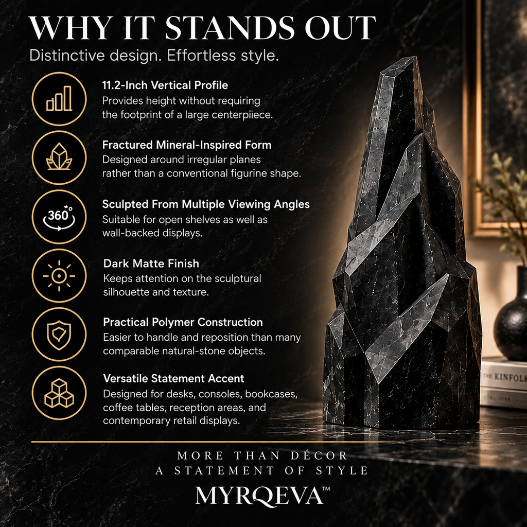 MYRQEVA™ Black Monolith Mineral Display Sculpture – Large Black Crystal-Inspired Resin Sculpture, Modern Tabletop & Console Décor, Faux Mineral Specimen