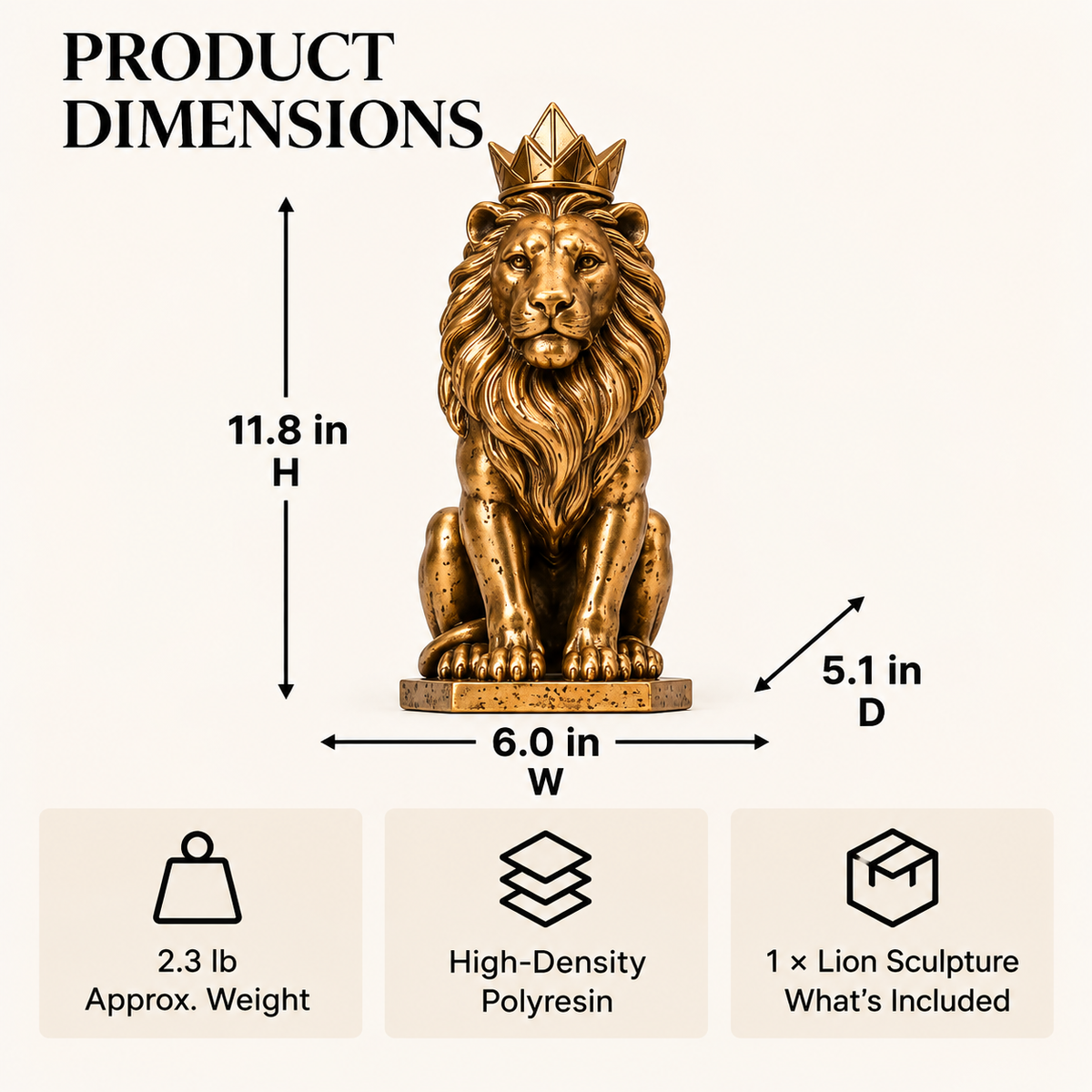 MYRQEVA™ Crowned Sentinel Lion Sculpture — Modern Gilded Lion Figurine & Office Shelf Accent