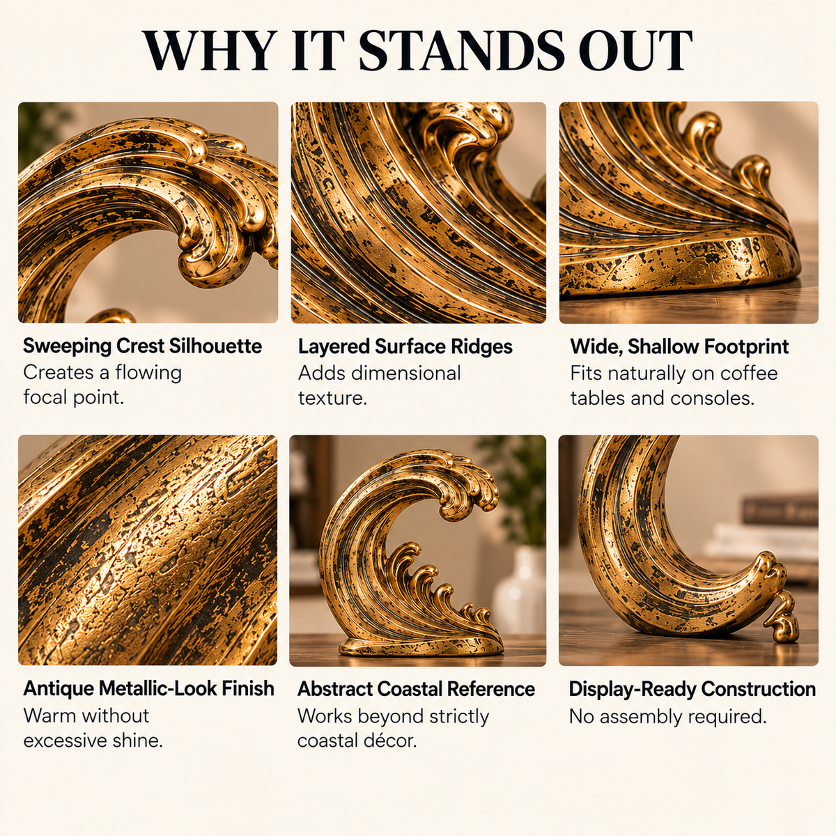 MYRQEVA™ Golden Tidal Wave Sculpture - Abstract Gold-plated Ocean Wave Table Decoration