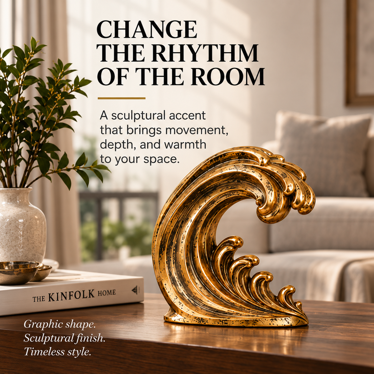 MYRQEVA™ Golden Tidal Wave Sculpture - Abstract Gold-plated Ocean Wave Table Decoration