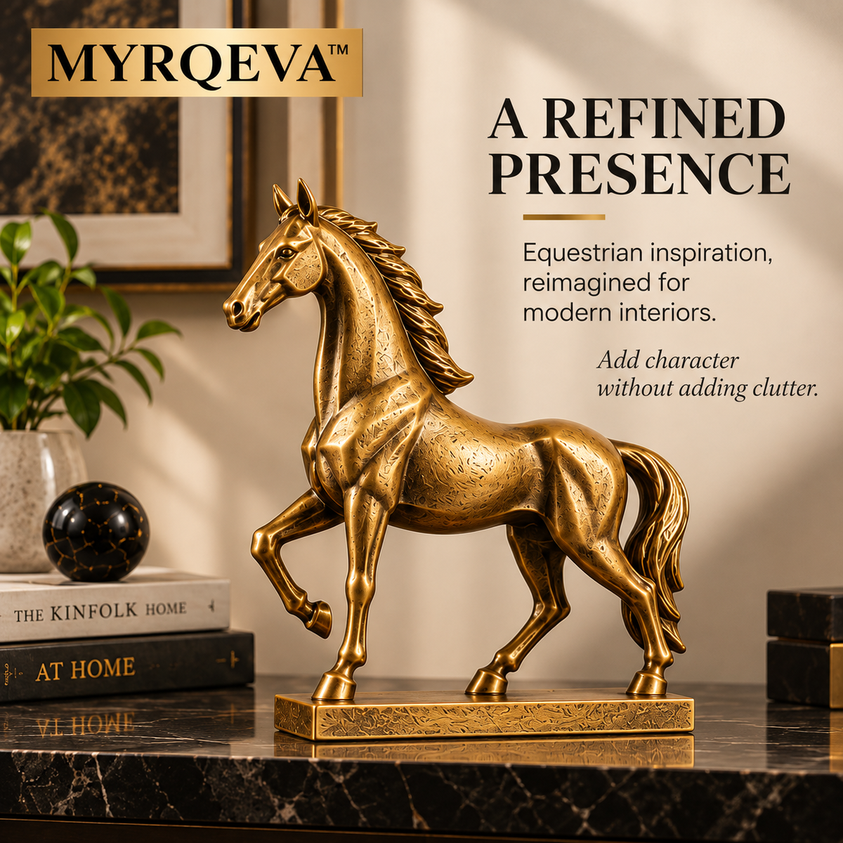 MYRQEVA™ Golden Crest Stallion Sculpture — Modern Gold Horse Figurine, Equestrian Desk & Shelf Décor